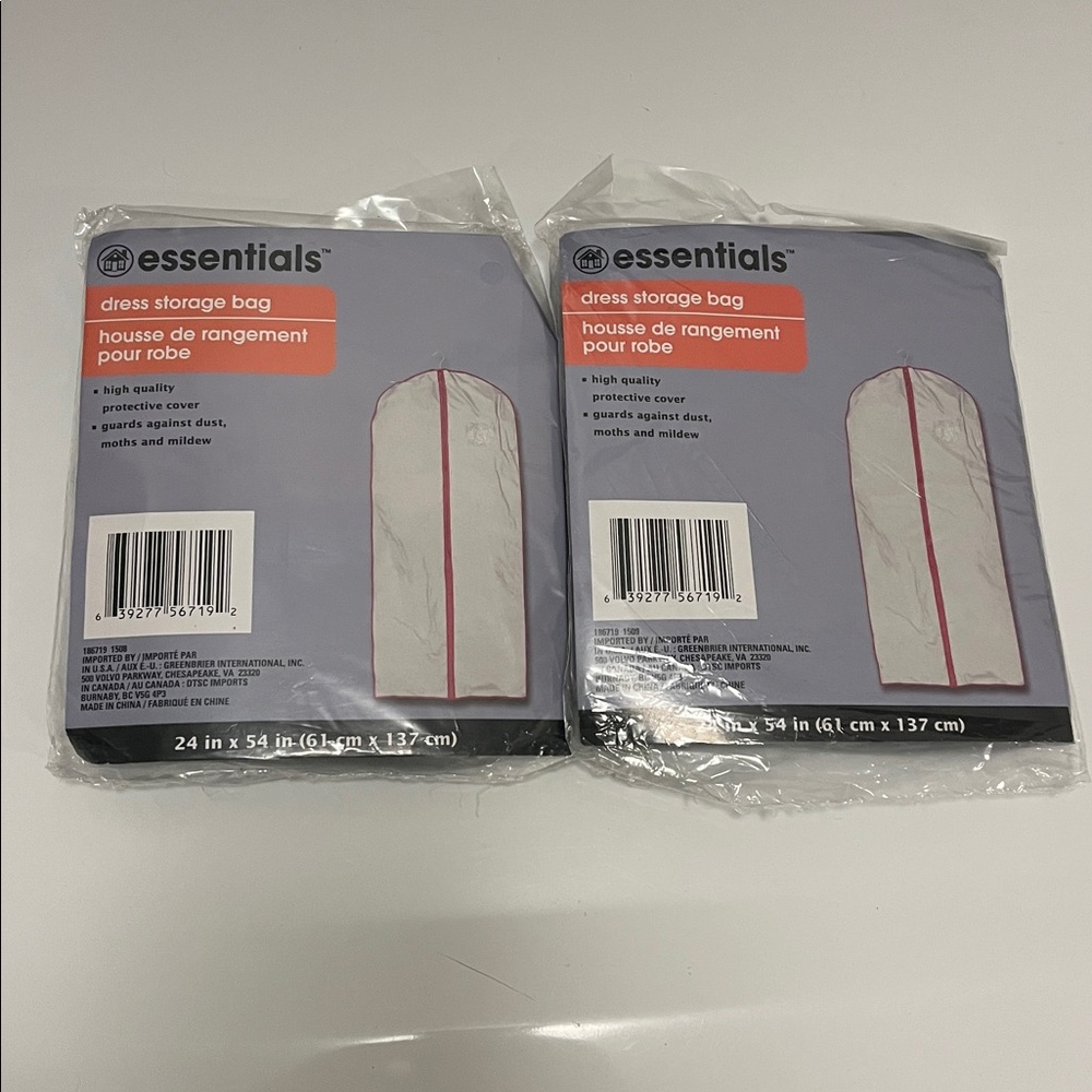 Essentials Dress Storage Bag x 2 Protective Cover Zippered 24”x54” new
